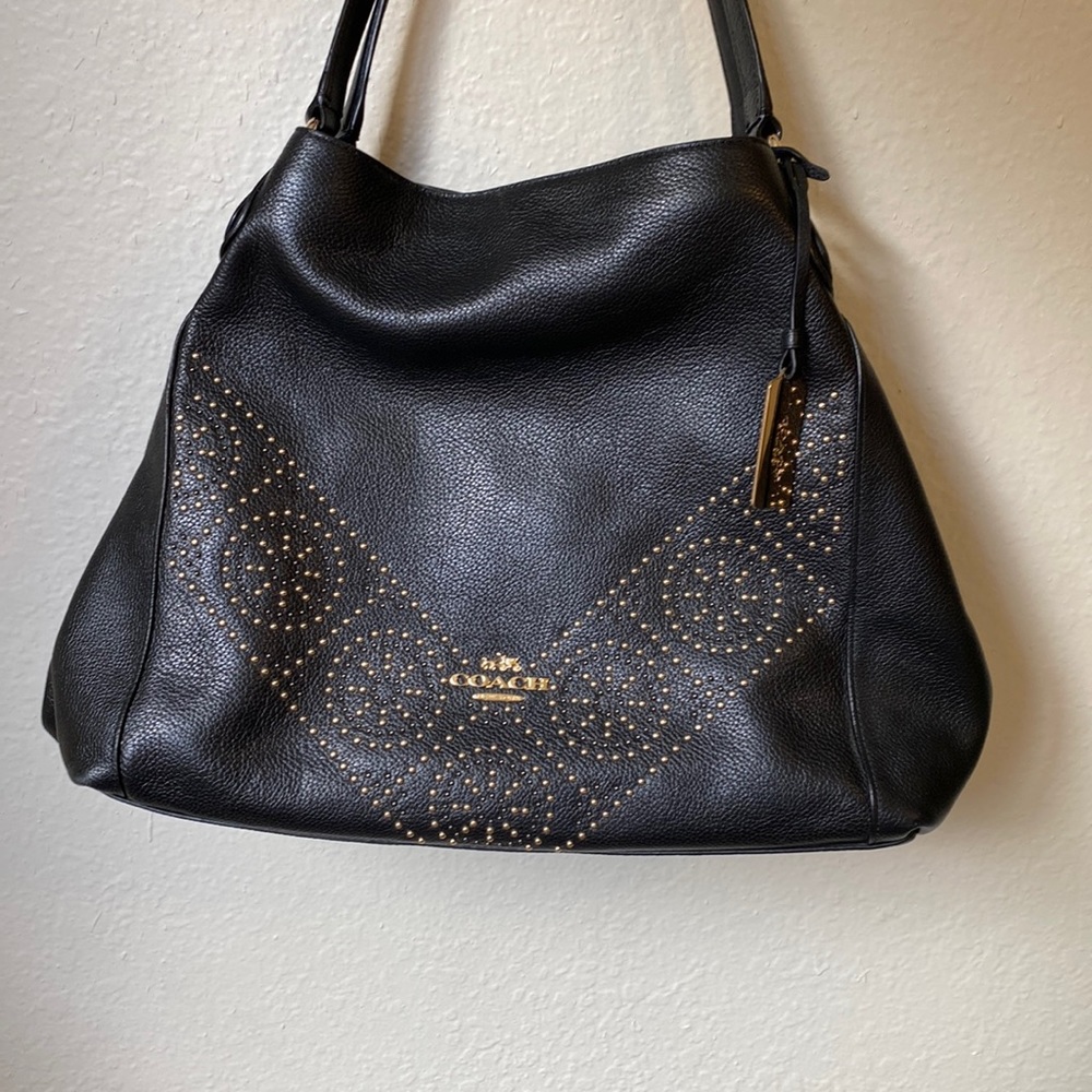 Coach purse, large bag, black leather with gold accents